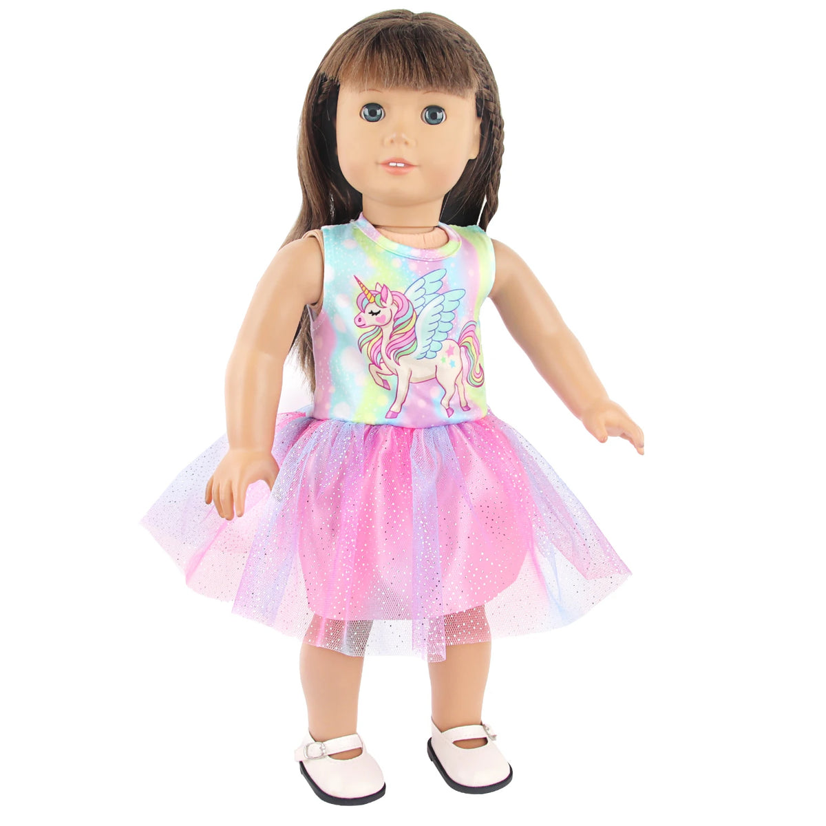 A doll wearing a pink and purple unicorn themed outfit with a sparkly skirt and mane.