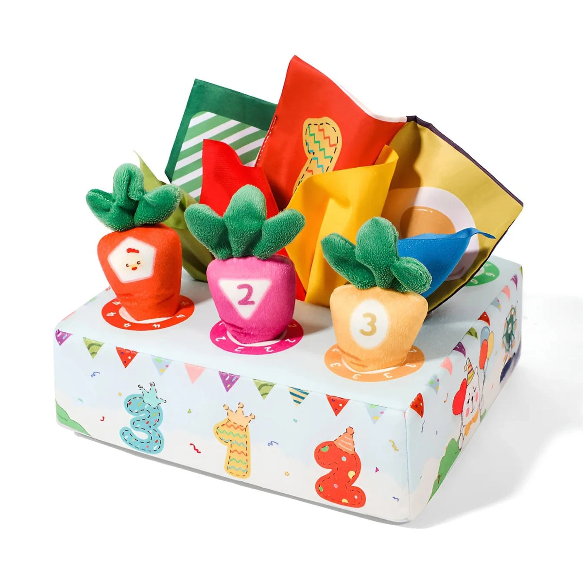 A colorful sensory toy box featuring soft pulling carrot toys in various shades of orange, green, and yellow.