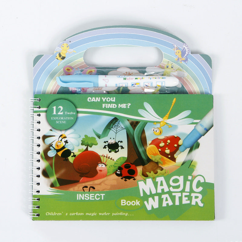 A green and blue reusable magic water painting book for toddlers featuring an insect theme.