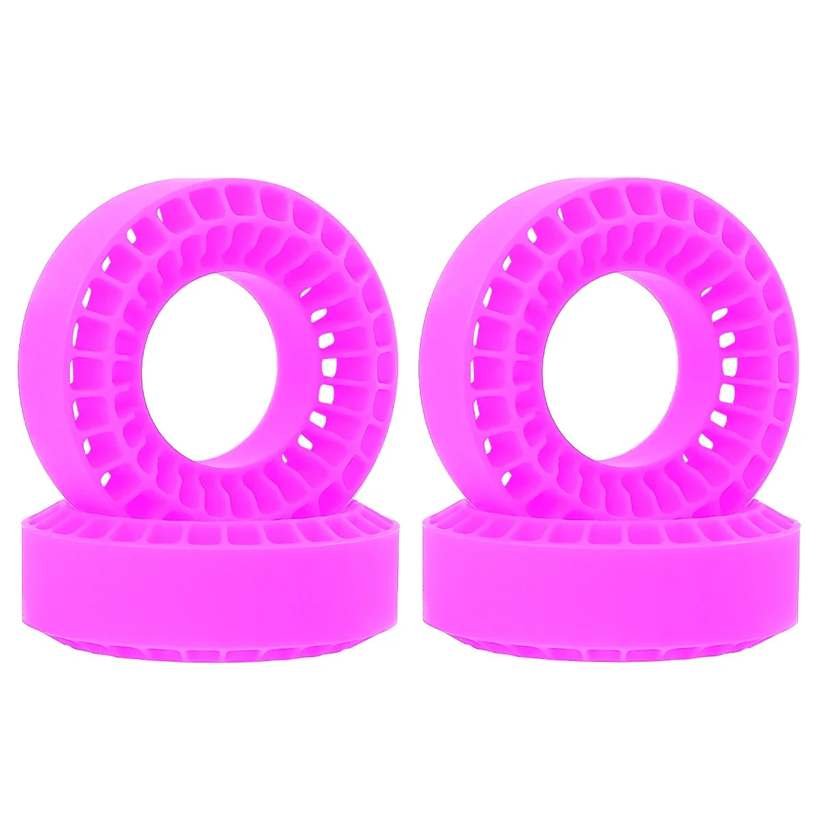 A pair of bright pink silicone rubber tire inserts for RC crawlers.