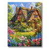 A vibrant diamond painting of a rustic house nestled in a lush, colorful forest landscape.