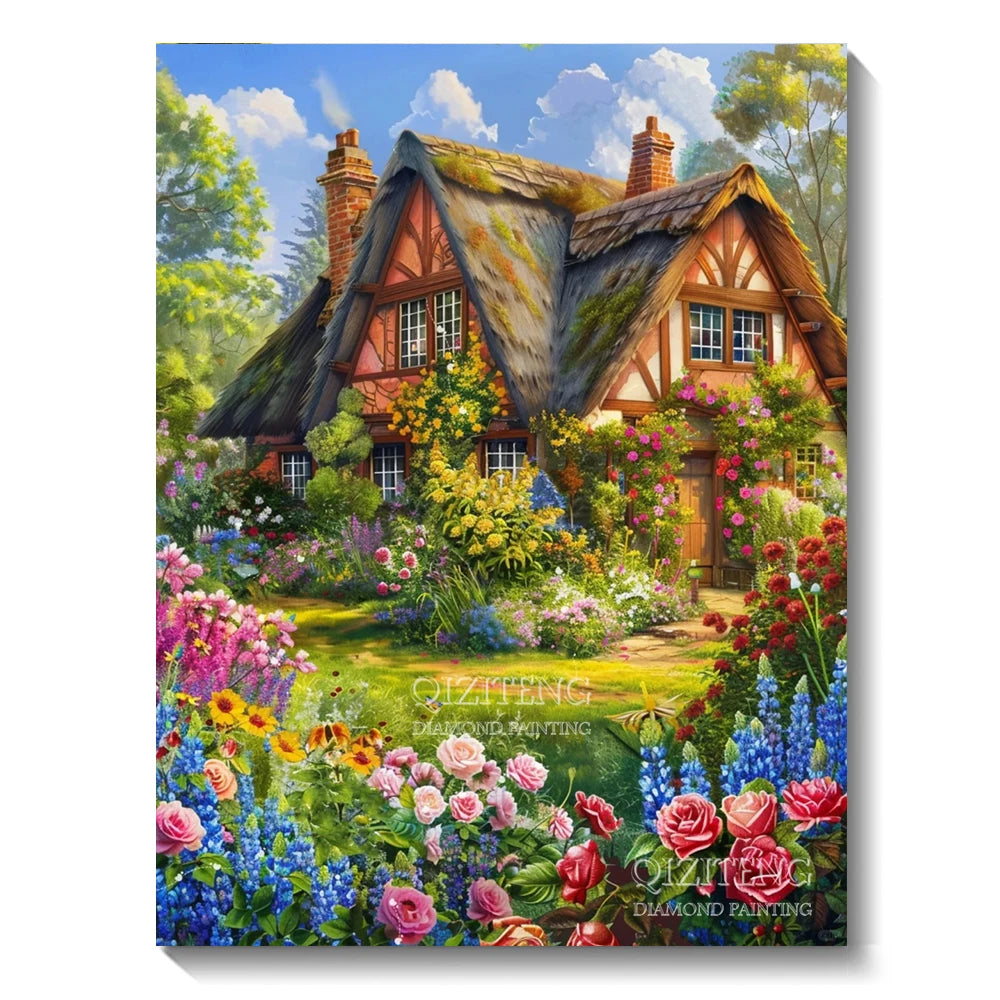 A vibrant diamond painting of a rustic house nestled in a lush, colorful forest landscape.
