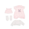 A pink outfit set for a doll featuring a shirt with a cat print and matching bottoms.