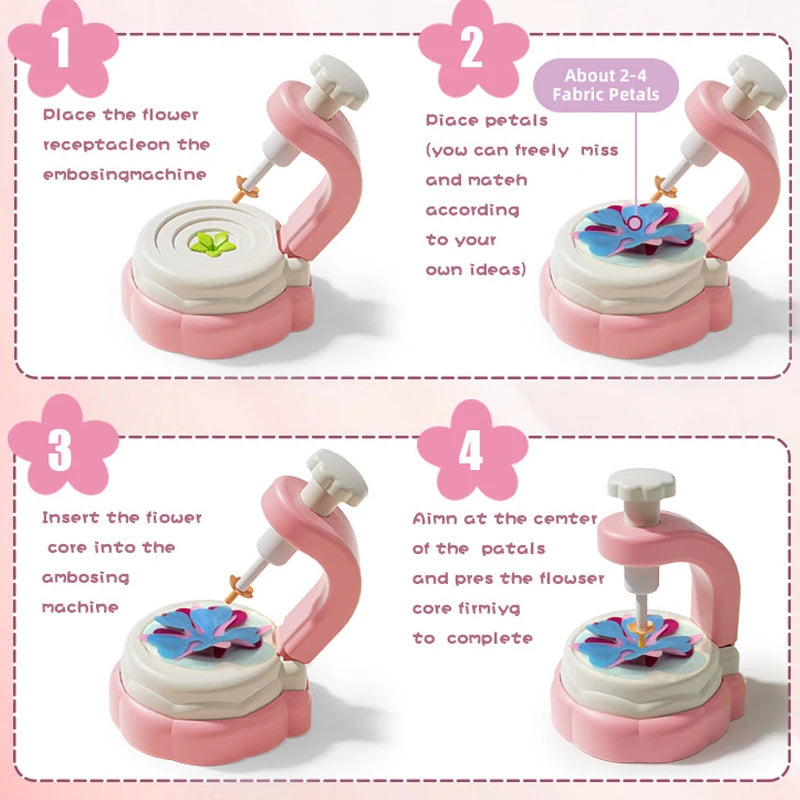 A four-step guide showing how to assemble a fabric flower bouquet craft kit using an embossing machine.