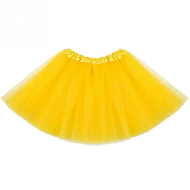 A bright yellow three-layer tutu skirt for girls displayed flat.