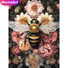 A detailed illustration of a bee surrounded by various pink and peach flowers, suitable for a diamond painting kit.