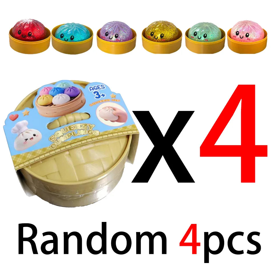 Four random colored dumpling squishy stress balls displayed in yellow cups.