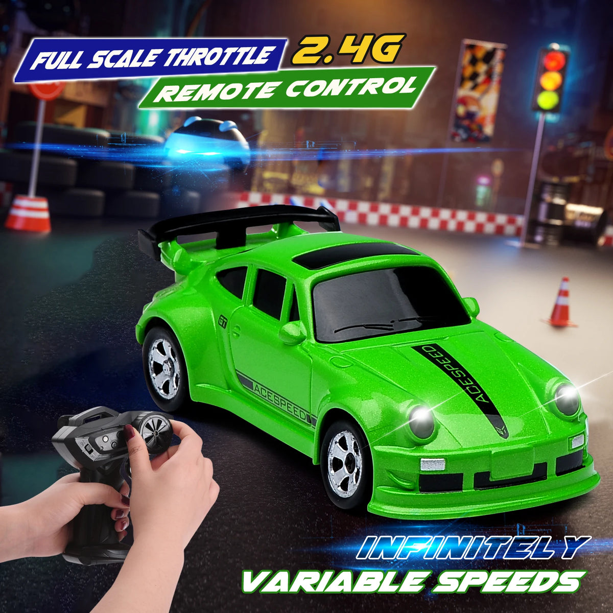 A bright green 1:64 scale remote control drift car is shown with a controller, featuring full scale throttle and infinitely v