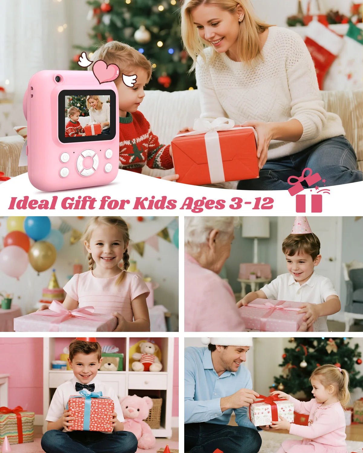A woman is giving a pink instant print camera to a child, with various gift boxes and holiday decorations in the background.