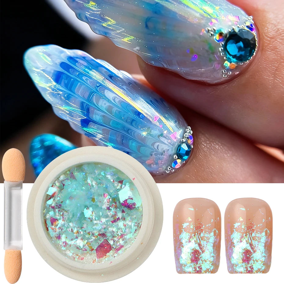 Iridescent opal and mermaid chrome nail glitter pigment set featuring blue iridescent nail polish and a loose pigment powder.