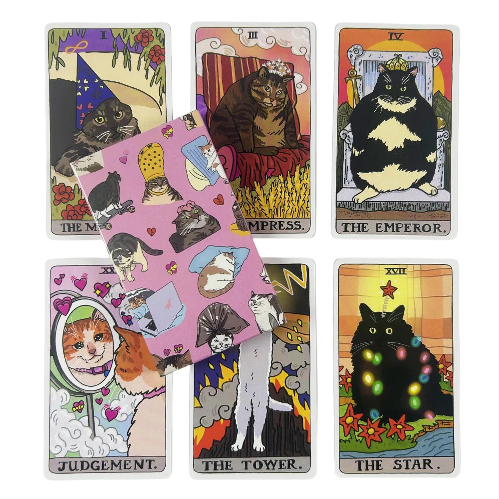A collection of 10 tarot-style cards featuring cats as the main motif, including The Empress, The Emperor, and The Star.