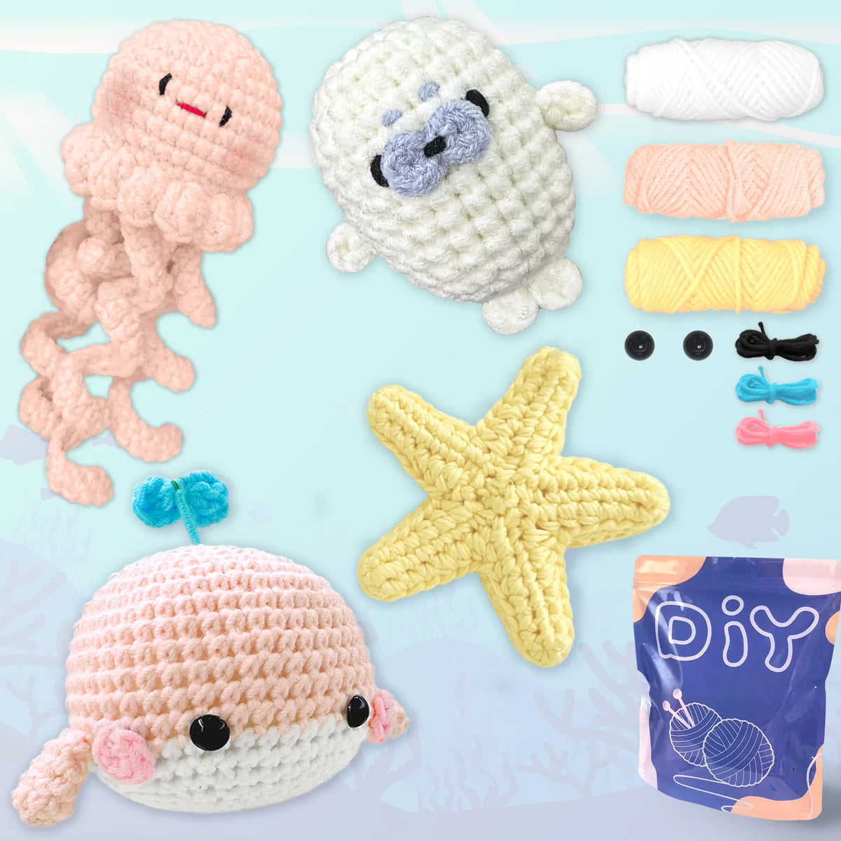 Kit de crochet débutant avec divers fils et un animal amigurumi rose et blanc fini.