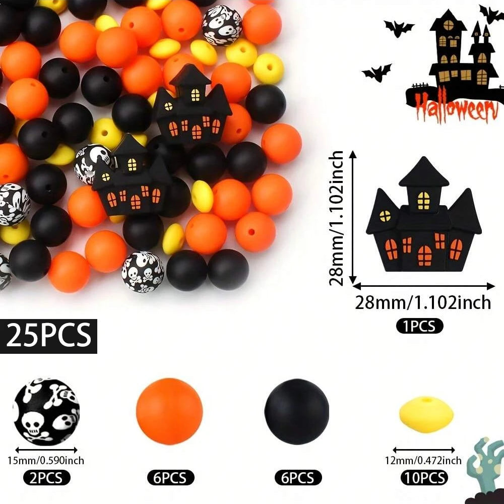 A set of 25 silicone beads in various colors and black designs for Halloween jewelry and crafting.