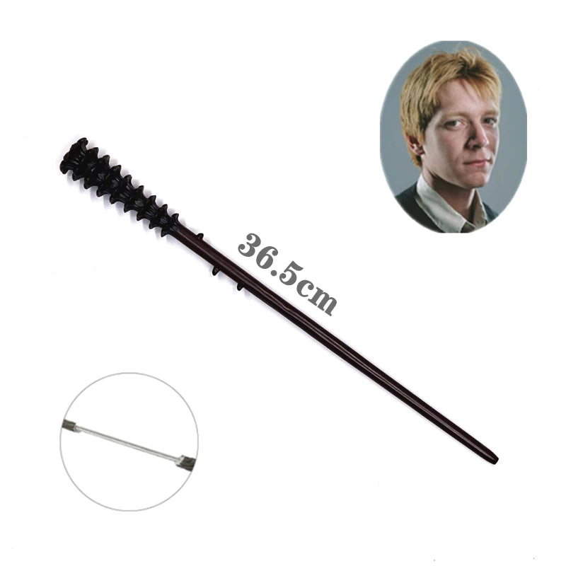 A long, slender metal magic wand with a dark handle and a decorative tip, shown next to a man's portrait.