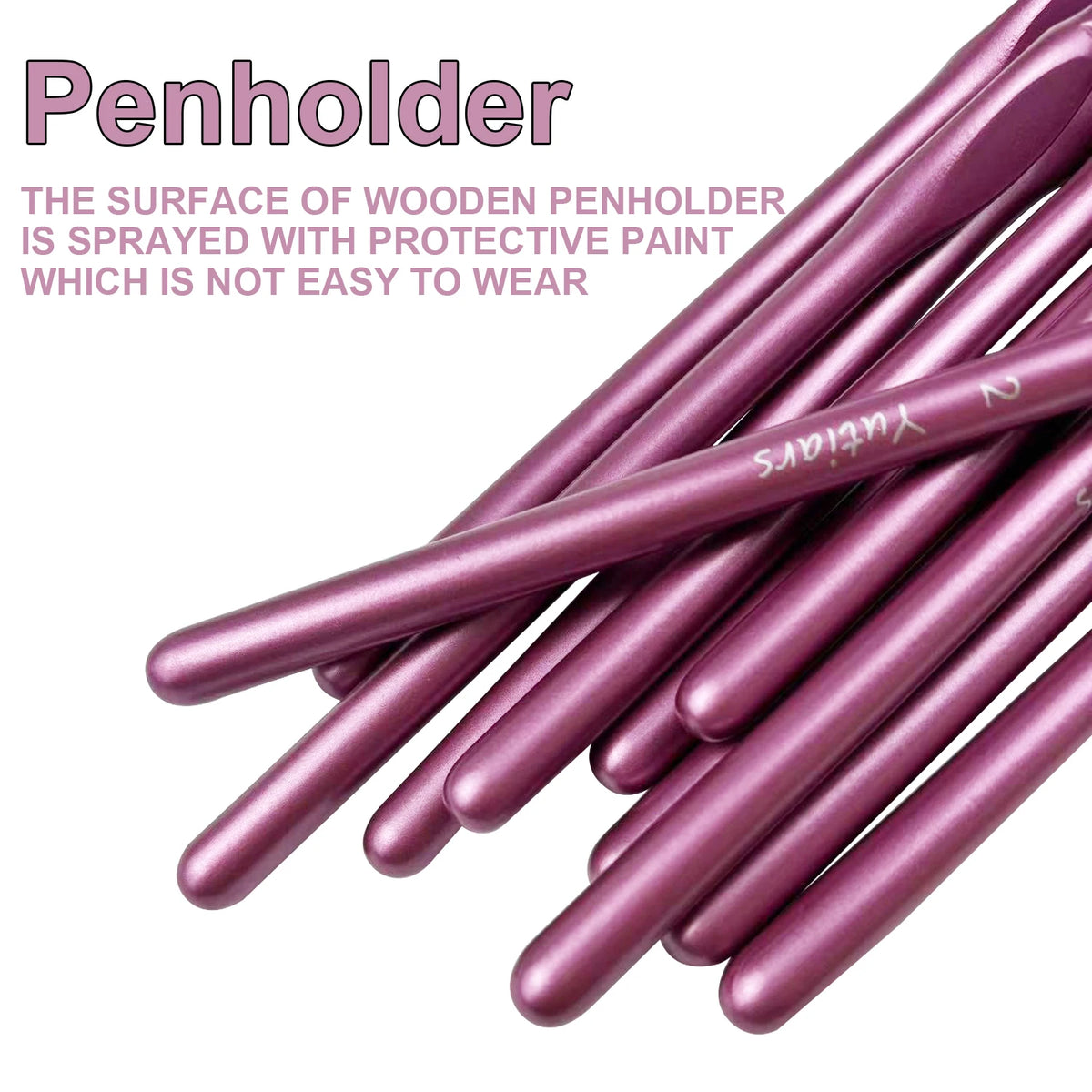 A close-up view of a set of purple paint applicators or penholders with natural wood handles.