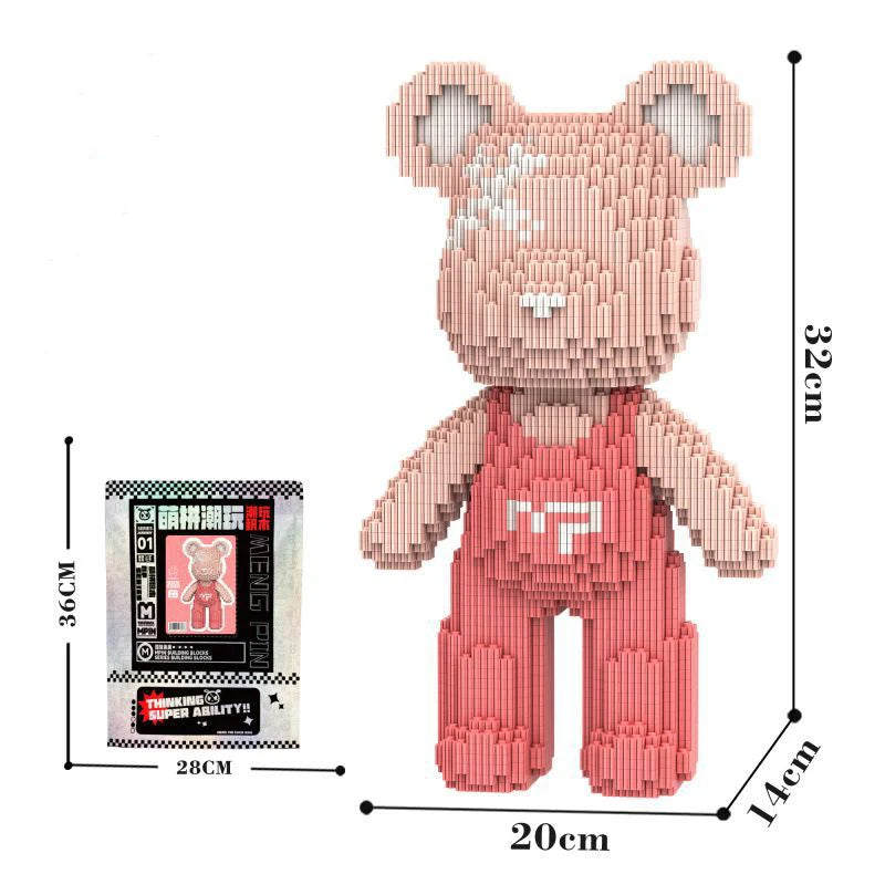 A pink micro building block set shaped like a bear, measuring 32cm tall.