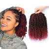 A woman is shown holding a bundle of reddish-purple pre-looped crochet hair extensions.