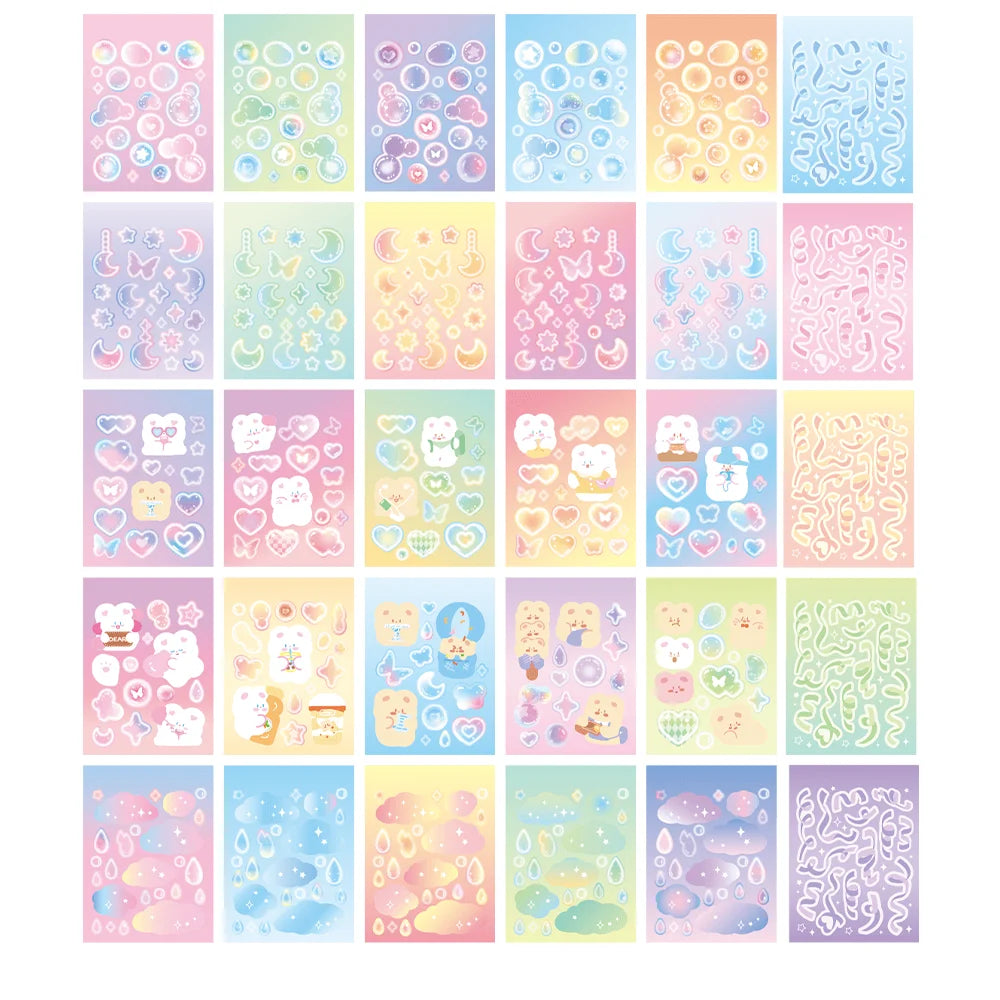 A grid of 30 colorful fantasy aesthetic stickers featuring various creatures, hearts, and whimsical elements for journaling.
