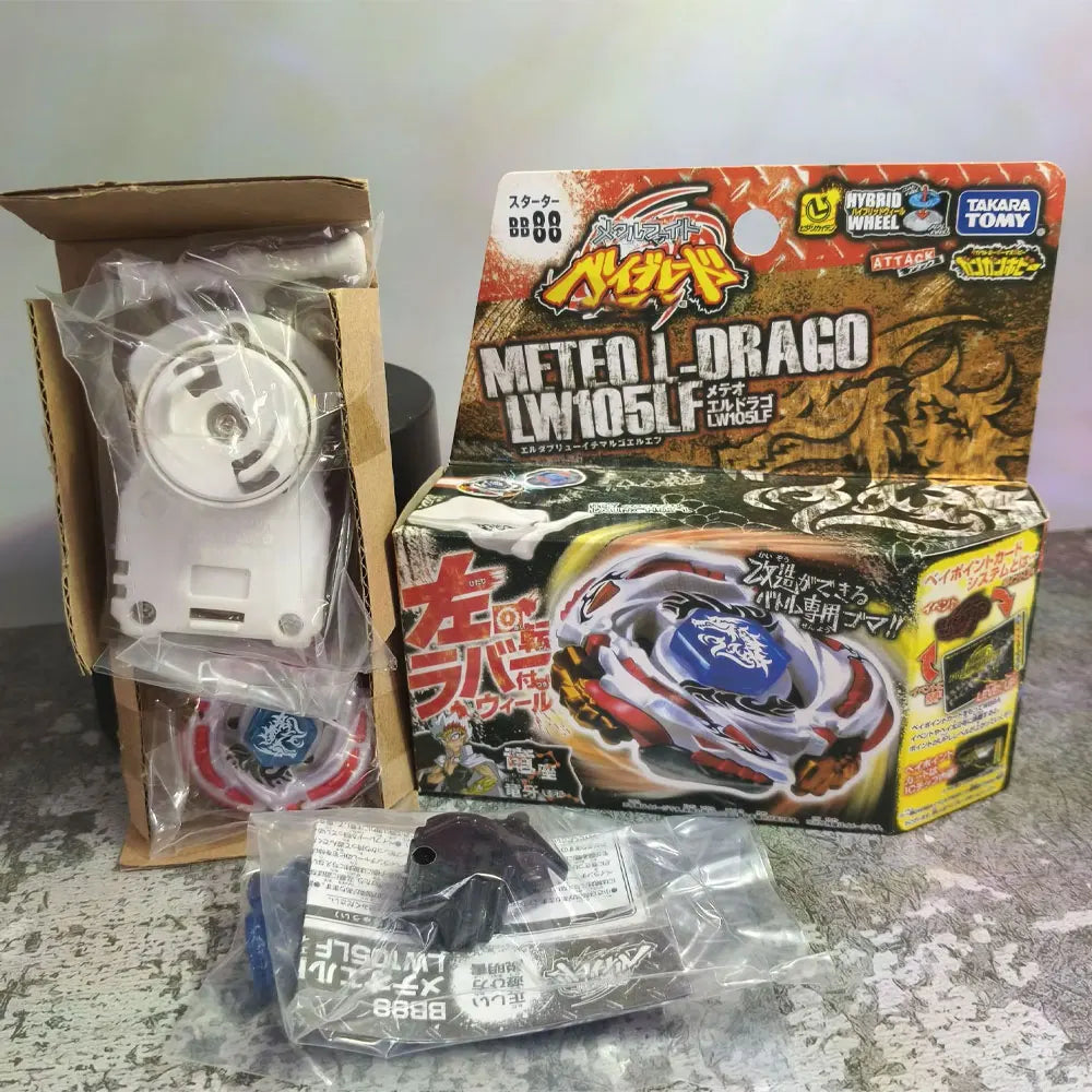 A box of Metal Dragon LW105LF gravity toy from Takara Tomy with accessories and packaging.