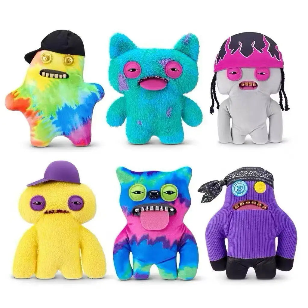 A collection of nine funny ugly monster plush toys in various colors and styles.