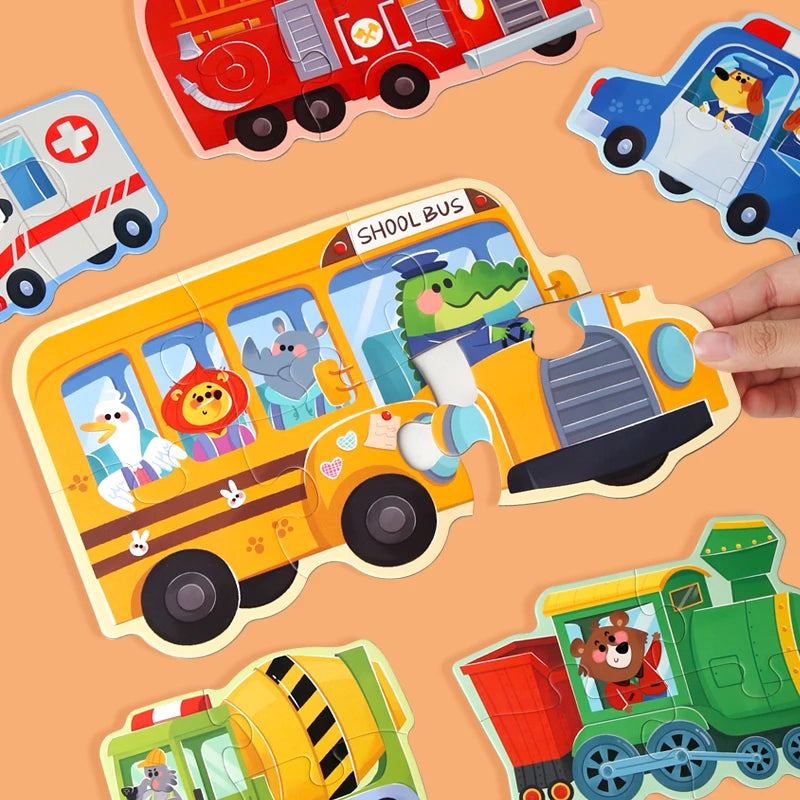 A collection of wooden animal jigsaw puzzles featuring vehicles like a school bus and dump truck.