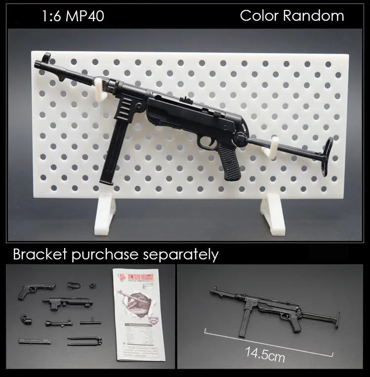 A 1/6 scale MP40 submachine gun model kit displayed on a white grid, with separate bracket parts shown below.