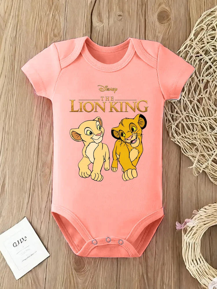 A pink baby bodysuit featuring a Disney The Lion King print of Simba and Nala.