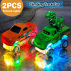 Two climbing track cars featuring a dinosaur figure and colored lights on a textured surface.