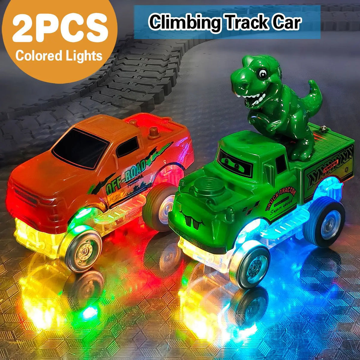 Two climbing track cars featuring a dinosaur figure and colored lights on a textured surface.