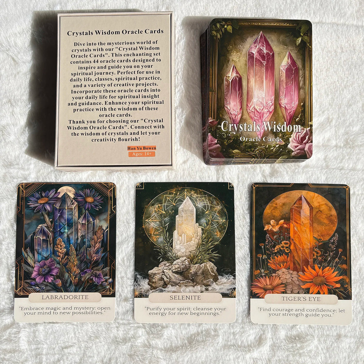 A set of Crystals Wisdom Oracle Cards featuring Labradorite, Selenite, and Tiger's Eye cards.