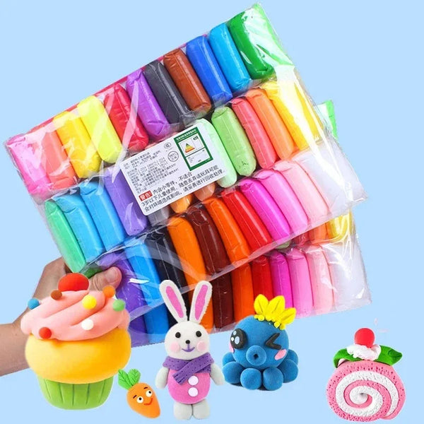 A colorful set of handmade colored mud for kids including various shades and a rabbit and a blue creature.