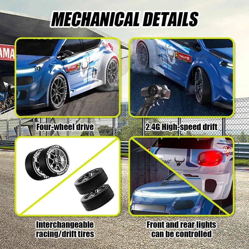 Mechanical details of a 2.4G 4WD RC drift car showing tires and adjustable lights.