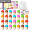 A collection of colorful ice cream cups in various flavors and colors used for a sorting Montessori toy.