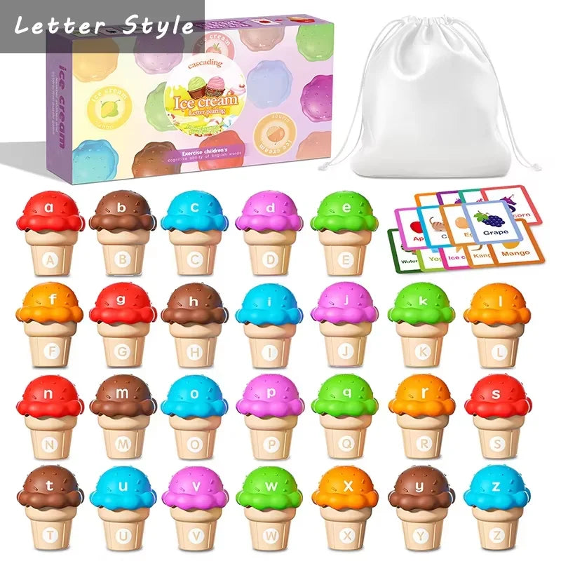 A collection of colorful ice cream cups in various flavors and colors used for a sorting Montessori toy.