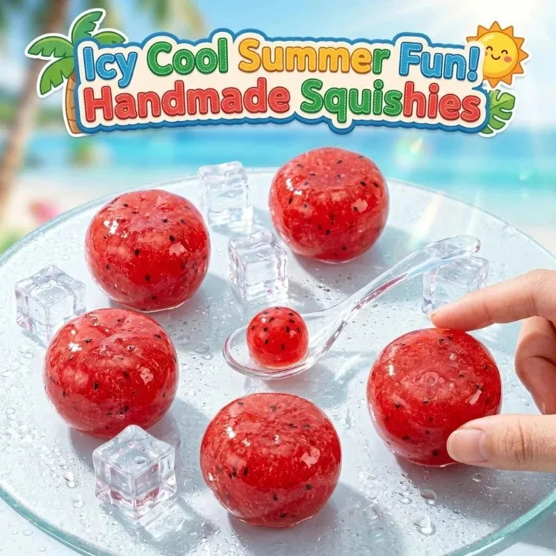 Red watermelon squishy toys and slime in water on a glass plate