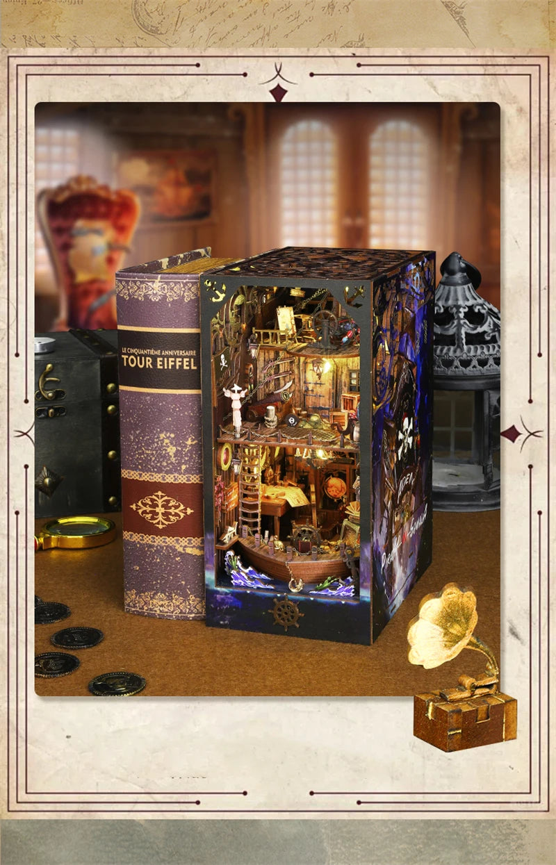 A DIY pirate ship book nook kit featuring a detailed wooden bookshelf insert model and decorative elements.