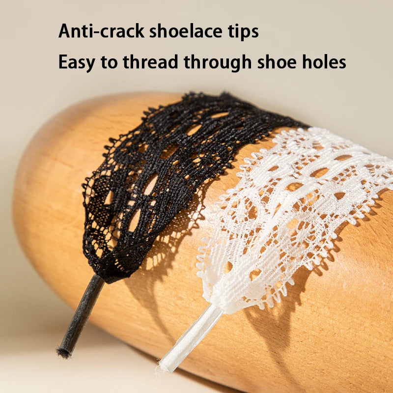Anti-crack shoelace tips showing black and white lace tips threaded through a shoe hole