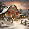 A rustic wooden barn decorated for Christmas with a snowy roof and festive garlands under a starry night sky.