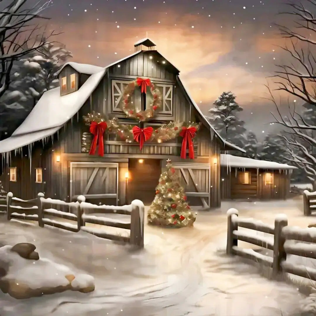 A rustic wooden barn decorated for Christmas with a snowy roof and festive garlands under a starry night sky.