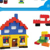 A LEGO-style building set featuring a blue house with a red roof and yellow accents, next to a separate yellow block structur