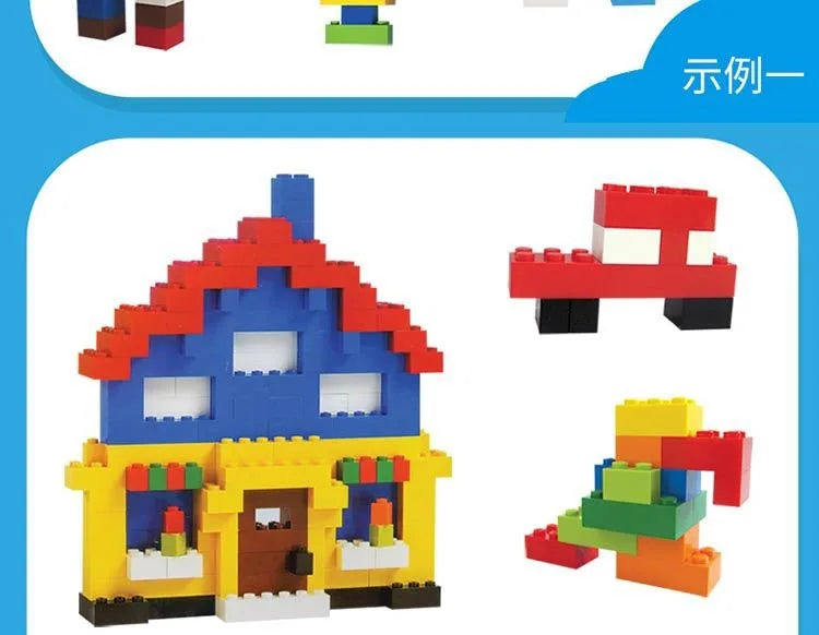 A LEGO-style building set featuring a blue house with a red roof and yellow accents, next to a separate yellow block structur