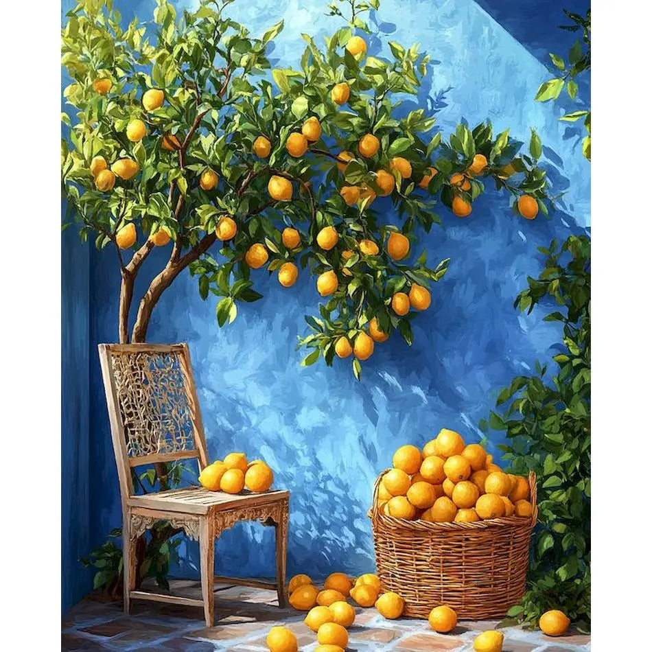 A painting of a lemon tree laden with fruit, set against a blue background, with loose lemons in the foreground.