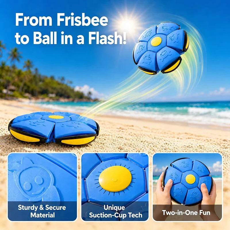 Blue squeeze-and-throw flying saucer ball being thrown in the air against a sunny beach background