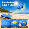 Blue squeeze-and-throw flying saucer ball being thrown in the air against a sunny beach background