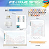 A paint by numbers kit includes brushes, fixed tools, paints, a manual, reference paper, and a DIY frame canvas.