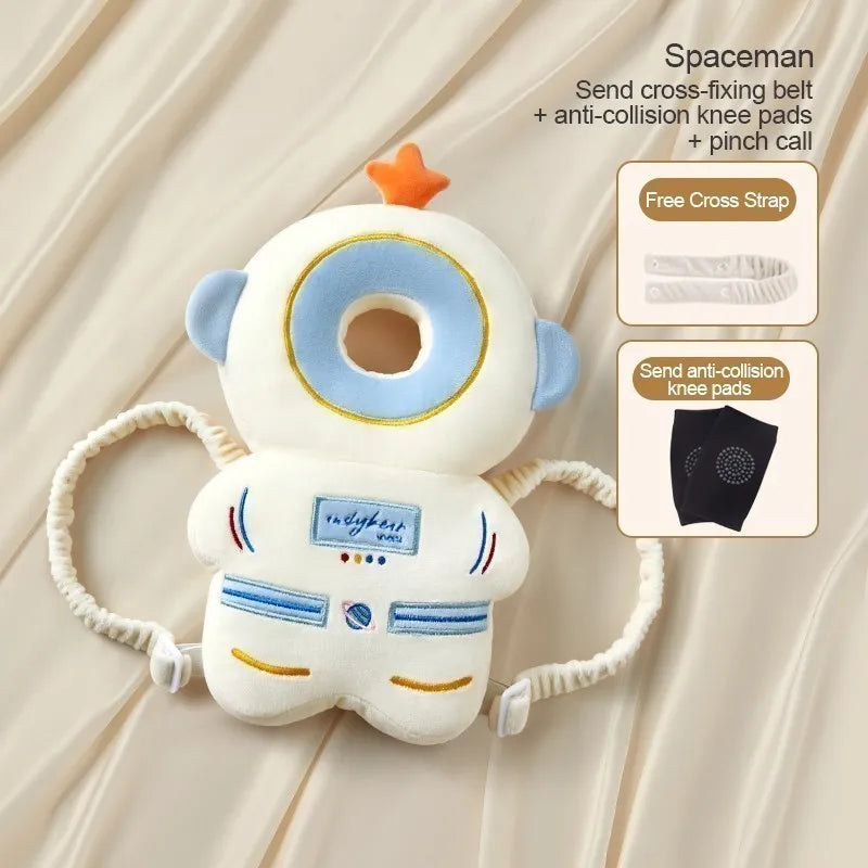 A soft silicone head protection pillow for baby with a cross-fixing belt and anti-collision knee pads.