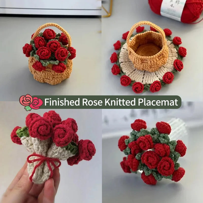 Finished rose knitted placemat shown in various stages, including a full round mat and a flat coaster.