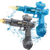 A blue electric pulse water gun with a simulated flame effect is shown firing a stream of water.