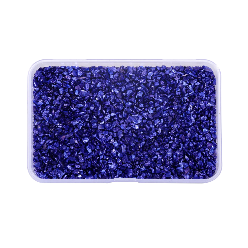 A clear plastic container filled with deep blue crushed glass stones for resin and craft projects.