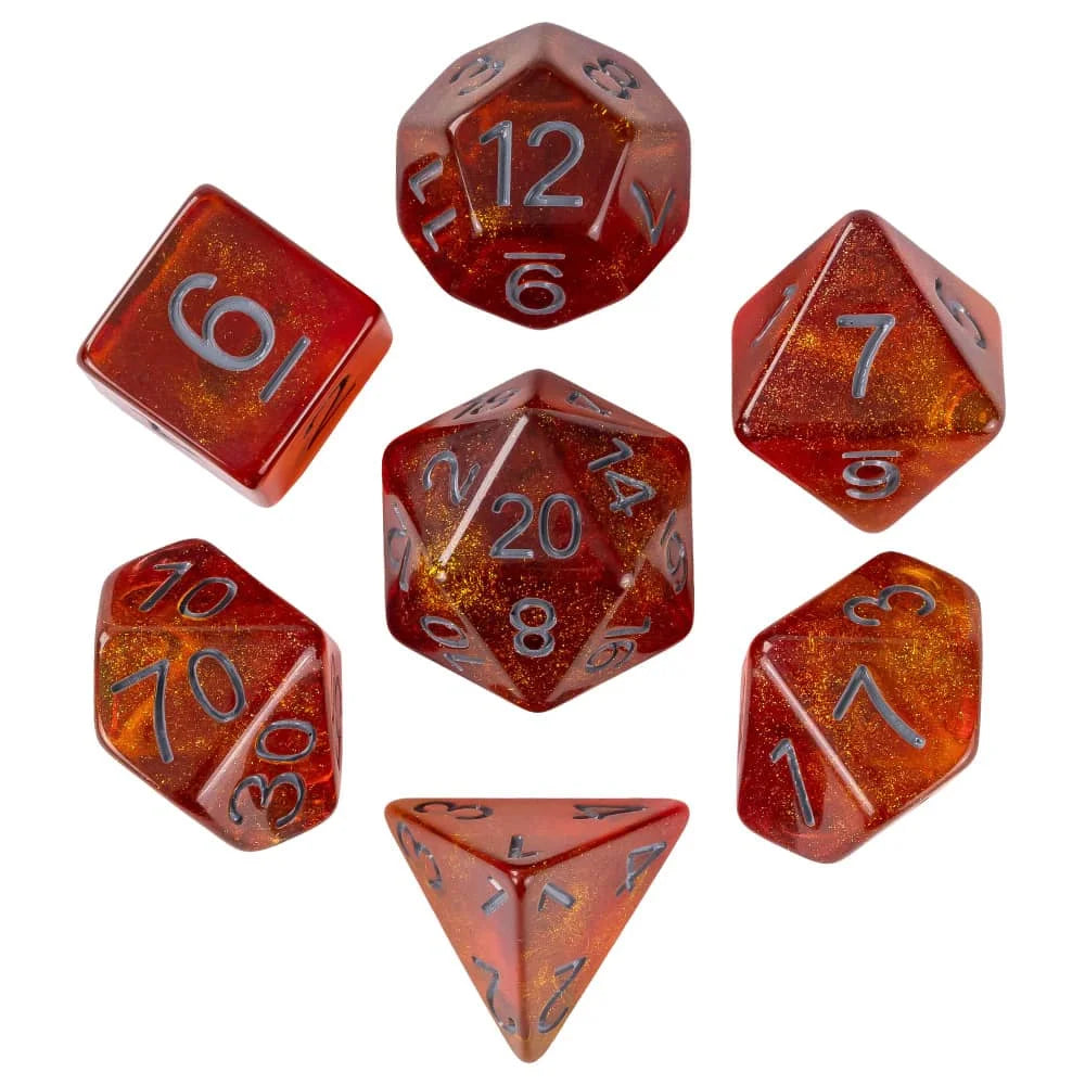 A set of ten premium glitter resin polyhedral dice in various shapes and colors for tabletop role-playing games